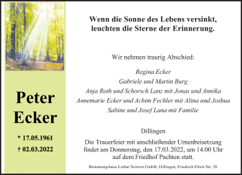 Traueranzeige von Peter Ecker von saarbruecker_zeitung
