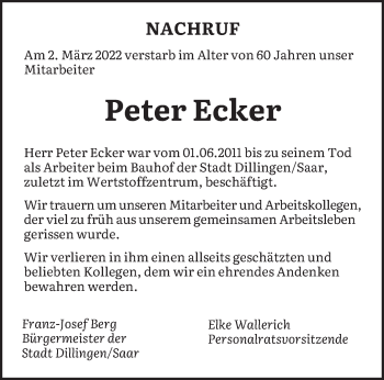 Traueranzeige von Peter Ecker von saarbruecker_zeitung