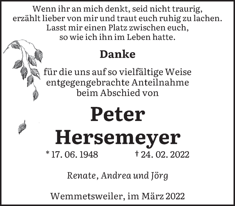  Traueranzeige für Peter Hersemeyer vom 26.03.2022 aus saarbruecker_zeitung