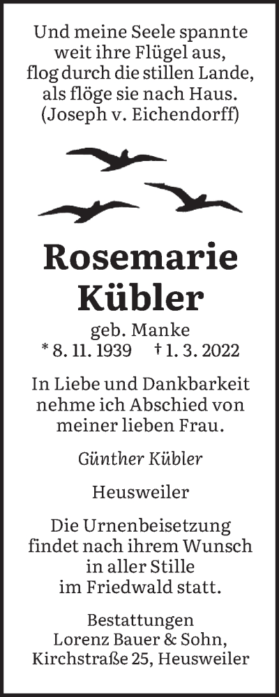  Traueranzeige für Rosemarie Kübler vom 12.03.2022 aus saarbruecker_zeitung