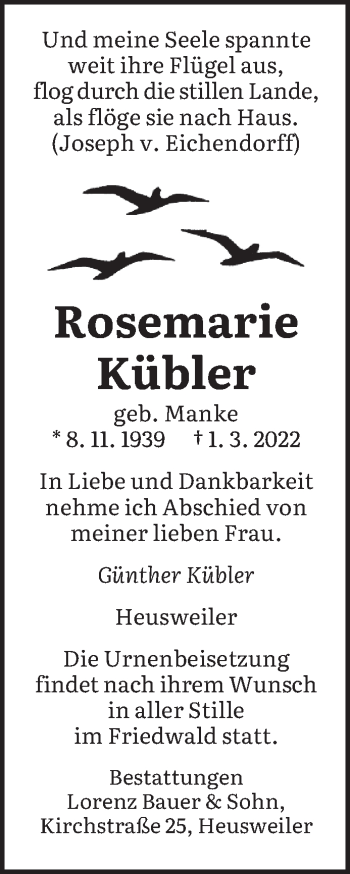 Traueranzeige von Rosemarie Kübler von saarbruecker_zeitung