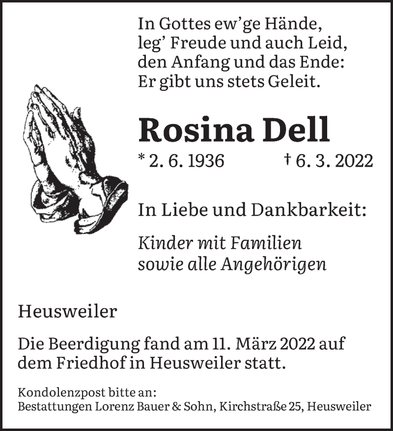  Traueranzeige für Rosina Dell vom 12.03.2022 aus saarbruecker_zeitung