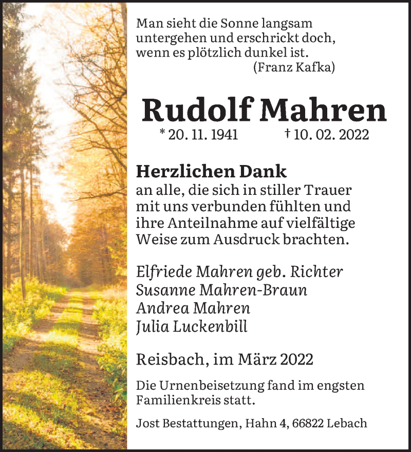  Traueranzeige für Rudolf Mahren vom 12.03.2022 aus saarbruecker_zeitung
