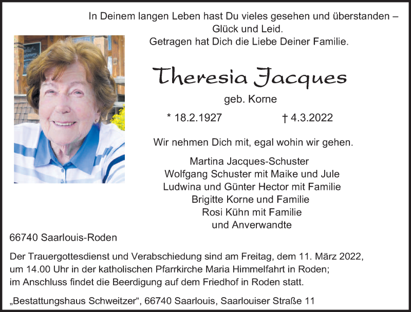  Traueranzeige für Theresia Jacques vom 08.03.2022 aus saarbruecker_zeitung