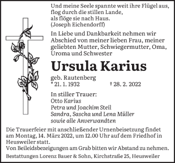 Traueranzeige von Ursula Karius von saarbruecker_zeitung