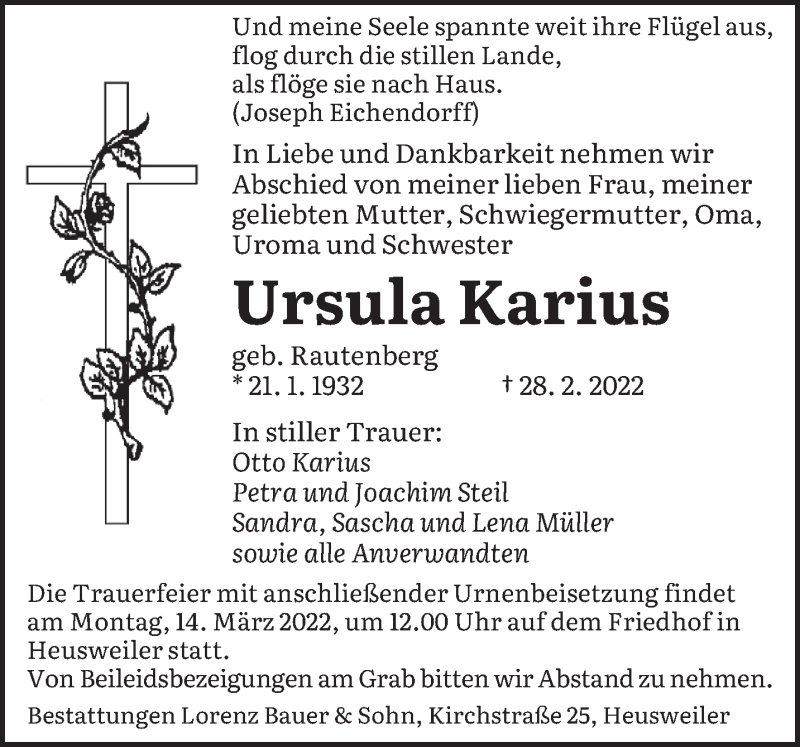  Traueranzeige für Ursula Karius vom 10.03.2022 aus saarbruecker_zeitung