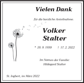 Traueranzeige von Volker Stalter von saarbruecker_zeitung