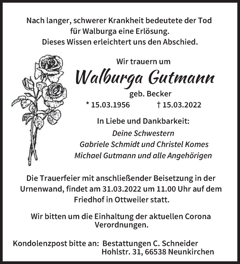  Traueranzeige für Walburga Gutmann vom 26.03.2022 aus saarbruecker_zeitung