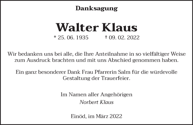  Traueranzeige für Walter Klaus vom 05.03.2022 aus saarbruecker_zeitung