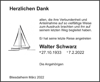 Traueranzeige von Walter Schwarz von saarbruecker_zeitung
