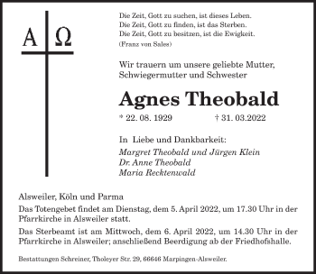 Traueranzeige von Agnes Theobald von saarbruecker_zeitung