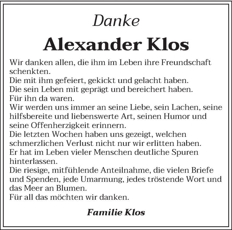  Traueranzeige für Alexander Klos vom 16.04.2022 aus saarbruecker_zeitung
