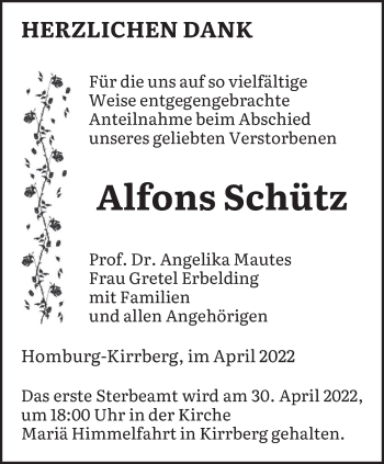 Traueranzeige von Alfons Schütz von saarbruecker_zeitung