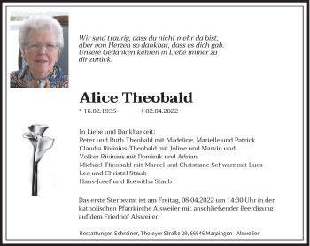 Traueranzeige von Alice Theobald von saarbruecker_zeitung