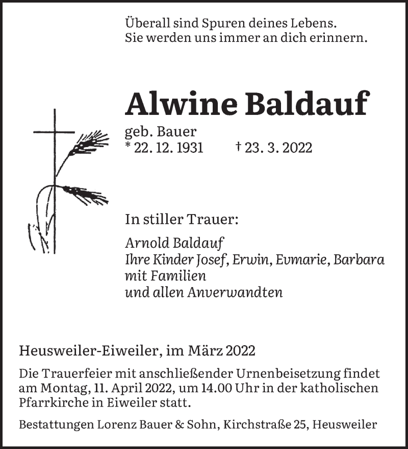  Traueranzeige für Alwine Baldauf vom 02.04.2022 aus saarbruecker_zeitung