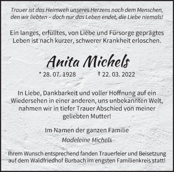 Traueranzeige von Anita Michels von saarbruecker_zeitung