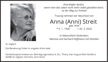 Traueranzeige von Anna Streit von saarbruecker_zeitung