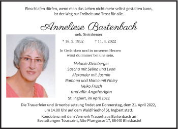 Traueranzeige von Anneliese Bartenbach von saarbruecker_zeitung