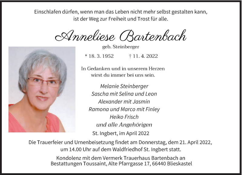  Traueranzeige für Anneliese Bartenbach vom 16.04.2022 aus saarbruecker_zeitung