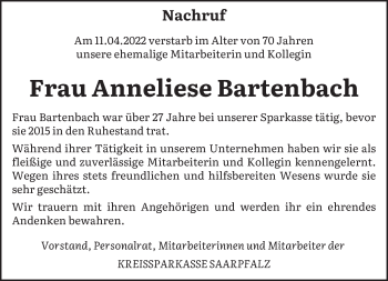 Traueranzeige von Anneliese Bartenbach von saarbruecker_zeitung