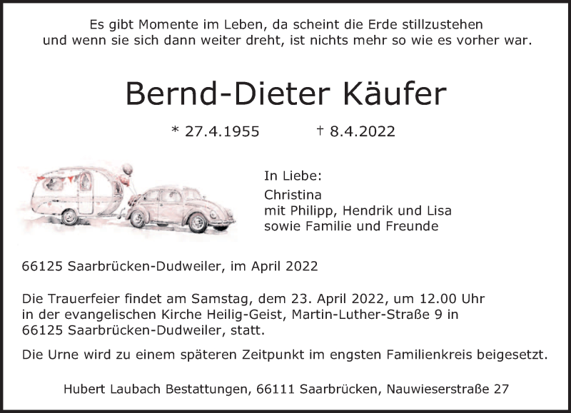  Traueranzeige für Bernd-Dieter Käufer vom 16.04.2022 aus saarbruecker_zeitung