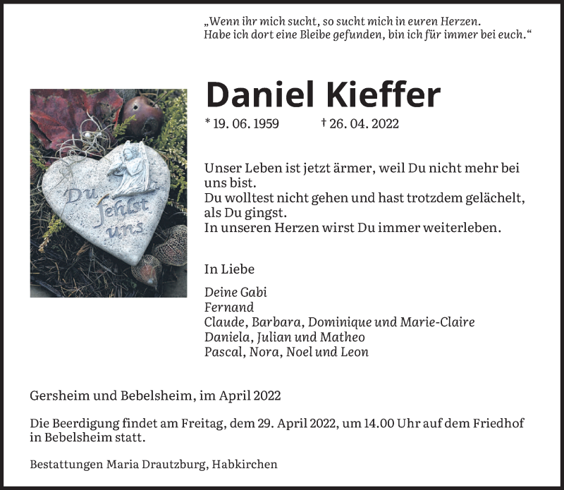  Traueranzeige für Daniel Kieffer vom 28.04.2022 aus saarbruecker_zeitung