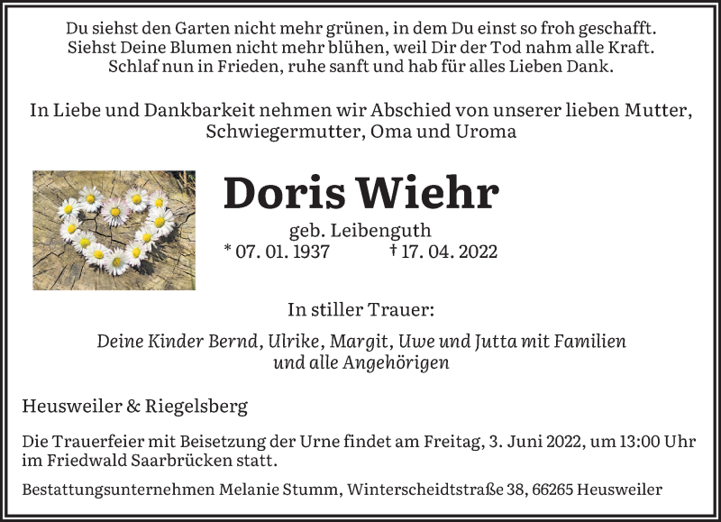  Traueranzeige für Doris Wiehr vom 23.04.2022 aus saarbruecker_zeitung