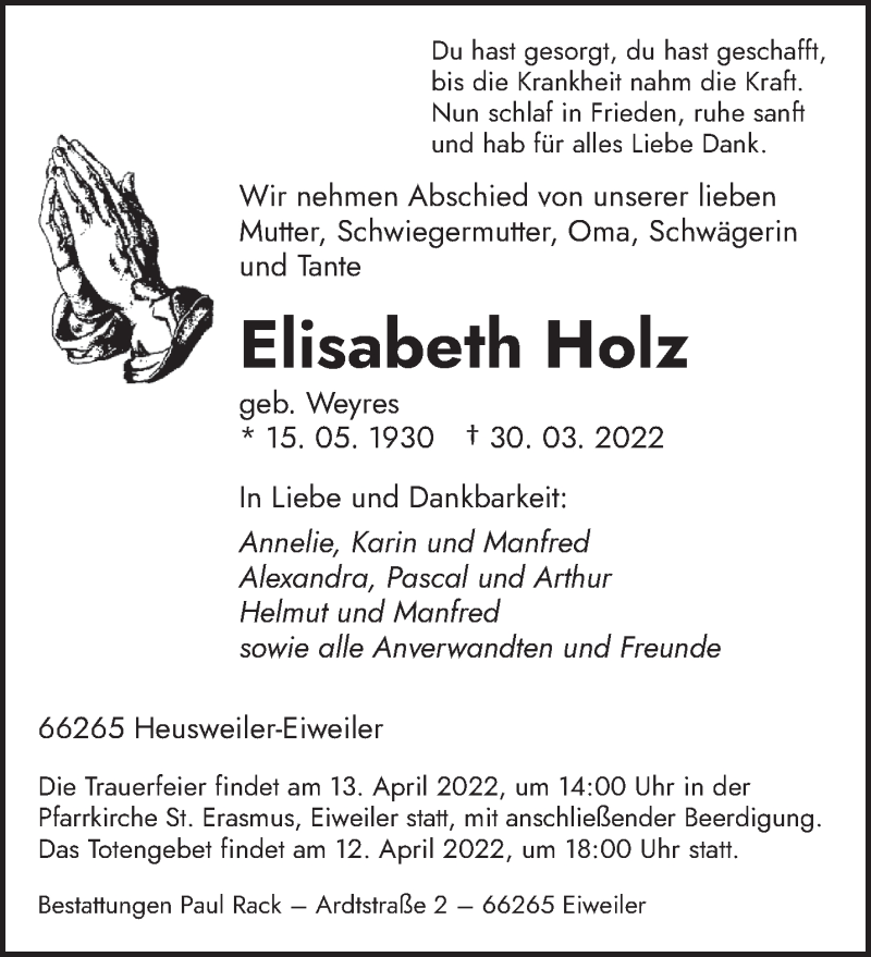  Traueranzeige für Elisabeth Holz vom 09.04.2022 aus saarbruecker_zeitung