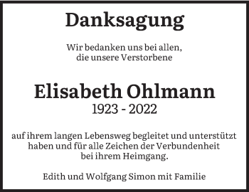 Traueranzeige von Elisabeth Ohlmann von saarbruecker_zeitung