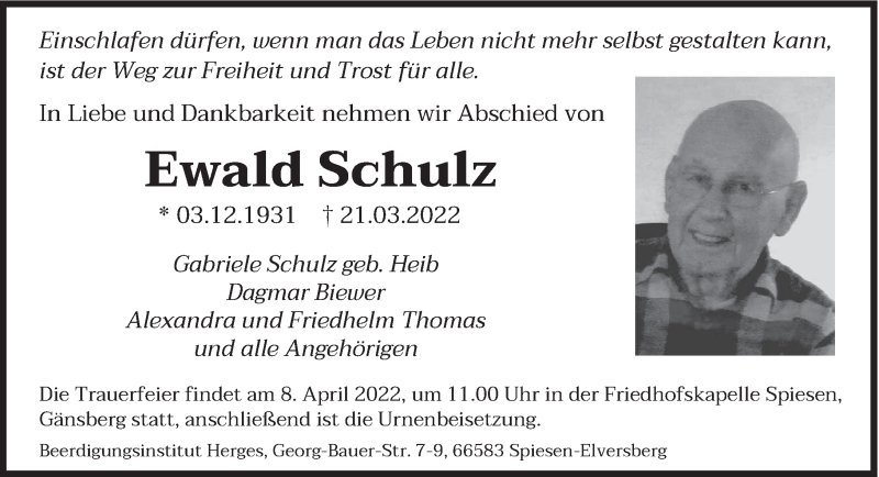  Traueranzeige für Ewald Schulz vom 02.04.2022 aus saarbruecker_zeitung