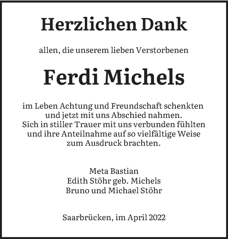  Traueranzeige für Ferdi Michels vom 02.04.2022 aus saarbruecker_zeitung