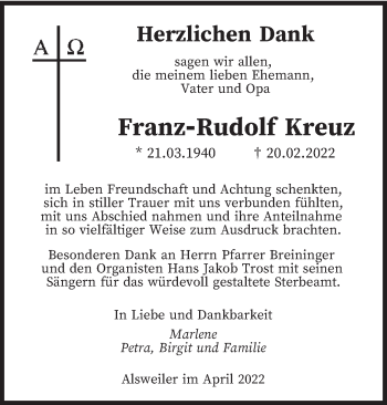 Traueranzeige von Franz-Rudolf Kreuz von saarbruecker_zeitung