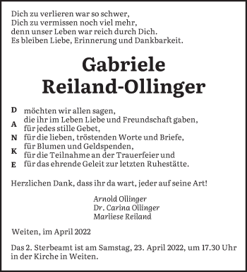 Traueranzeige von Gabriele Reiland-Ollinger von saarbruecker_zeitung