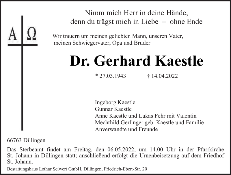 Traueranzeige für Gerhard Kaestle vom 23.04.2022 aus saarbruecker_zeitung