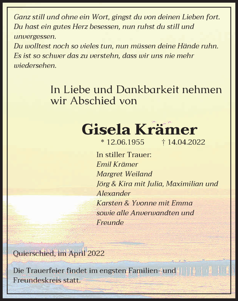  Traueranzeige für Gisela Krämer vom 23.04.2022 aus saarbruecker_zeitung