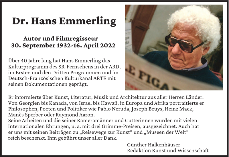  Traueranzeige für Hans Emmerling vom 23.04.2022 aus saarbruecker_zeitung