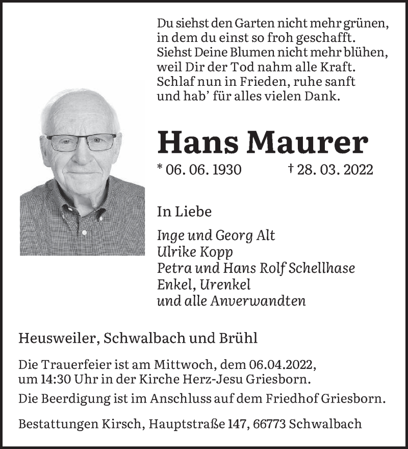  Traueranzeige für Hans Maurer vom 02.04.2022 aus saarbruecker_zeitung