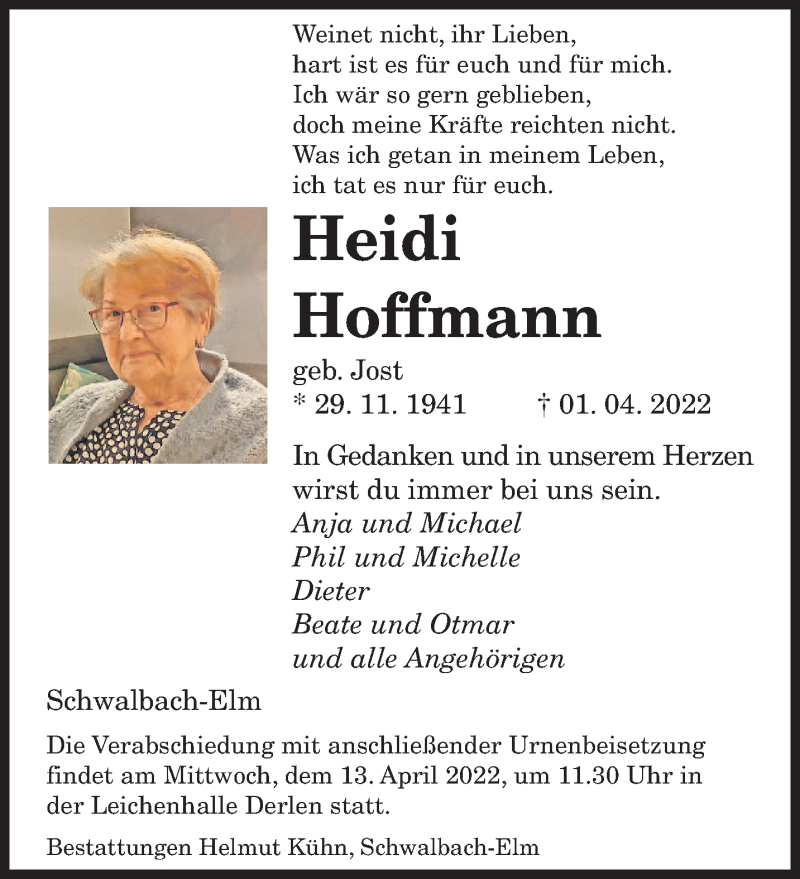 Traueranzeigen von Heidi Hoffmann | Saarbruecker-Zeitung.Trauer.de