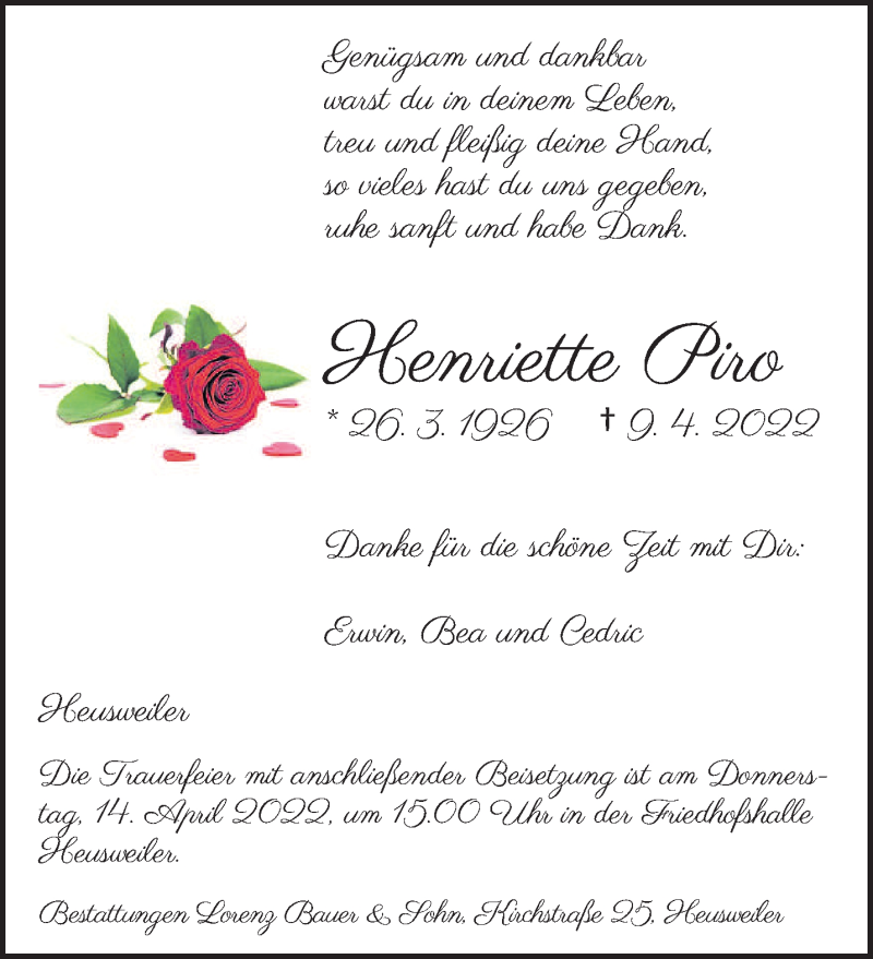 Traueranzeige für Henriette Piro vom 12.04.2022 aus saarbruecker_zeitung