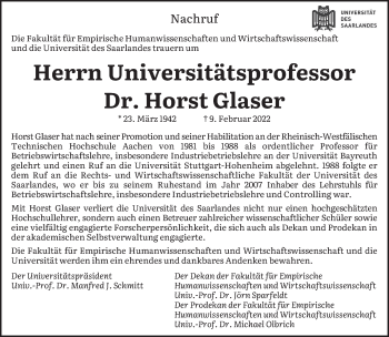Traueranzeige von Horst Glaser von saarbruecker_zeitung