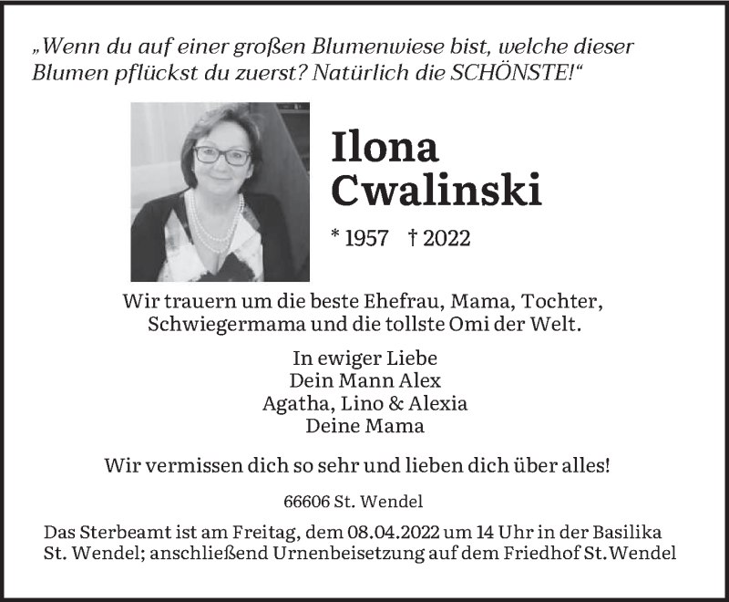  Traueranzeige für Ilona Cwalinski vom 02.04.2022 aus saarbruecker_zeitung