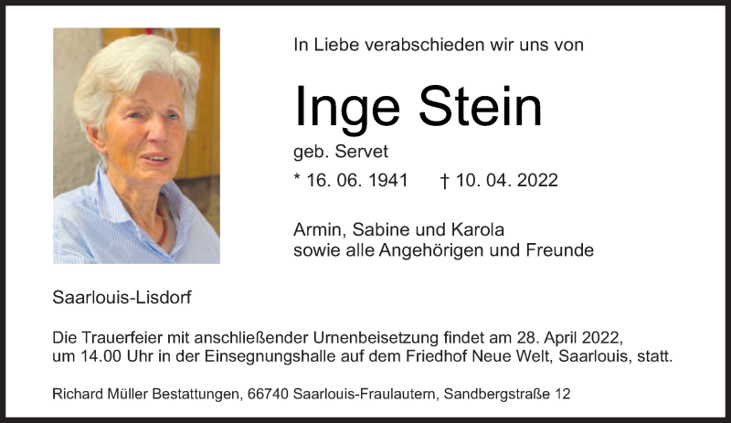  Traueranzeige für Inge Stein vom 23.04.2022 aus saarbruecker_zeitung