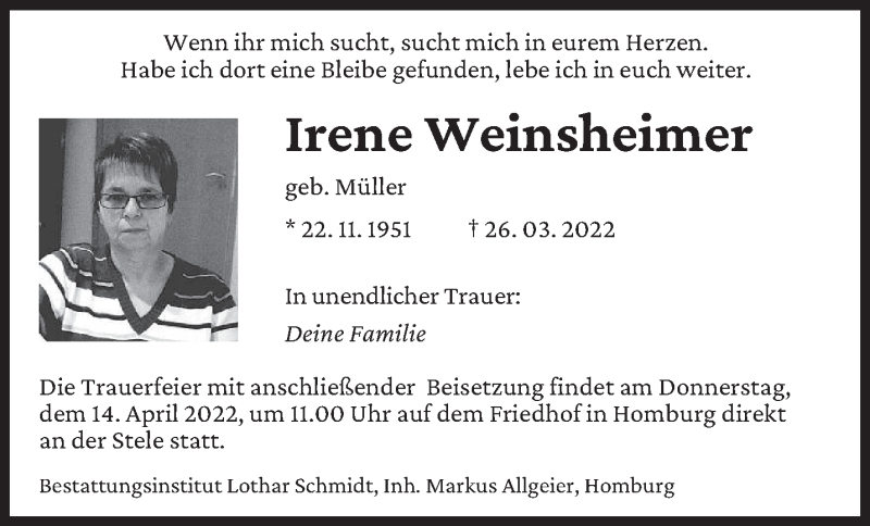  Traueranzeige für Irene Weinsheimer vom 11.04.2022 aus saarbruecker_zeitung