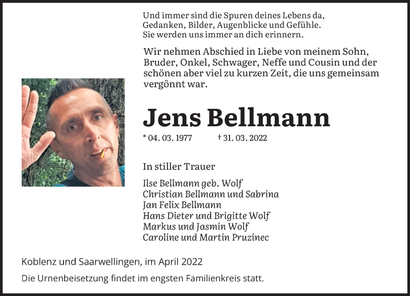  Traueranzeige für Jens Bellmann vom 23.04.2022 aus saarbruecker_zeitung