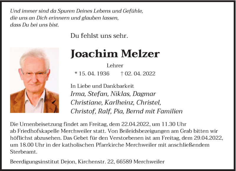  Traueranzeige für Joachim Melzer vom 16.04.2022 aus saarbruecker_zeitung