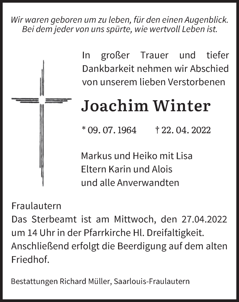  Traueranzeige für Joachim Winter vom 26.04.2022 aus saarbruecker_zeitung