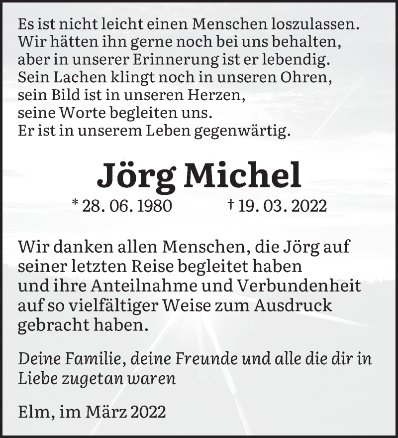 Traueranzeige für Jörg Michel vom 16.04.2022 aus saarbruecker_zeitung