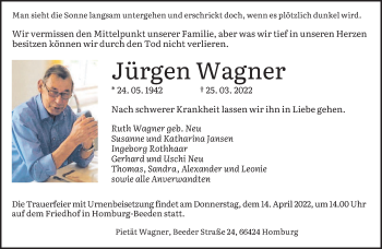 Traueranzeige von Jürgen Wagner von saarbruecker_zeitung