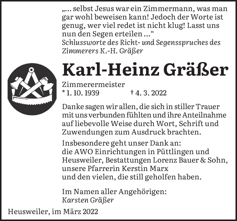  Traueranzeige für Karl-Heinz Gräßer vom 02.04.2022 aus saarbruecker_zeitung