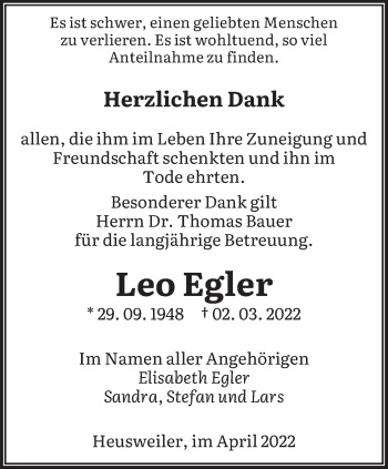 Traueranzeige von Leo Egler von saarbruecker_zeitung